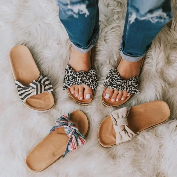 Multi Colored Slip On Linen Fabric Bow Sandals - Picture 7 of 11